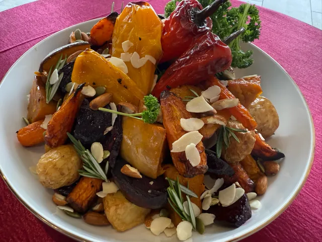 Roasted root vegetables with almonds